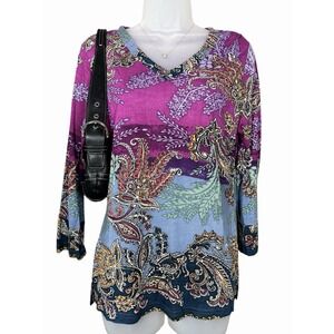 Parsley & Sage Tunic Top Size M Flowy V-Neck‎ Boho Artsy Colorful Hippie Paisley